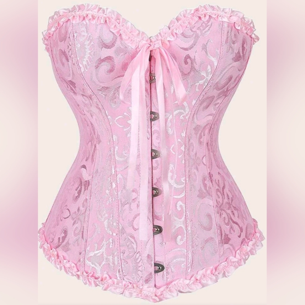 Women's Pink Lace Ruffle Trim Corset Top